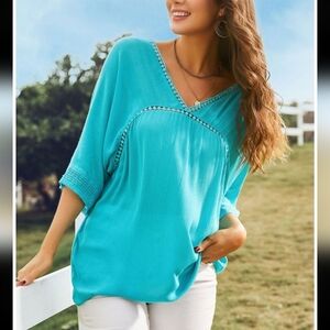 Suzanne Betro Aqua Blue V-Neck Kimono Sleeve Tunic Blouse Size 1X